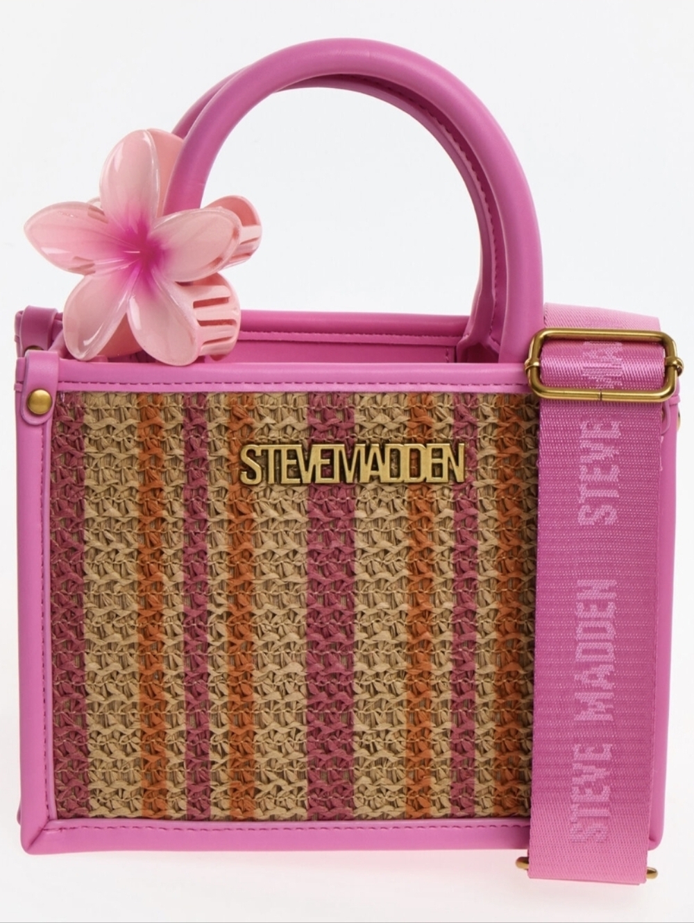 Steve Madden Pink Straw Top-Handle Bag with Floral Accent - Picture 2 of 5